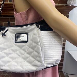 Nicole Miller‎ Women White And Black Shoulder Bag Zip Handbag Used